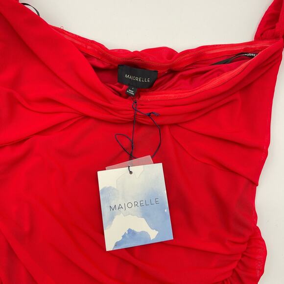 Majorelle | Elise Cherry Red Mesh Ruched Off Shoulder Midi Dress S - Picture 7 of 16